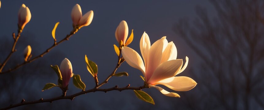 Magnolia Blossoms at Dusk. A Delicate Dance of Light and Shadow in Springtime.