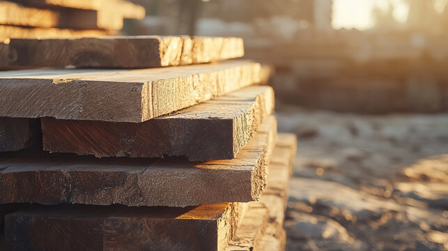 Stack of freshly cut wooden boards in a lumber yard