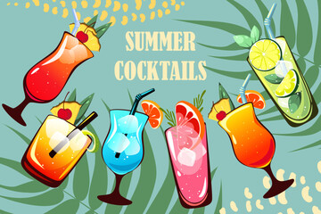 Summer cocktails background. Summer refreshing drinks, mai tai, mojito, blue lagoon, paloma. Vector illustration.