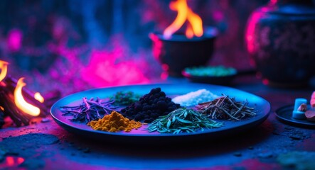 Mystical Ingredients. Herbs, Spices, and Magic Under Neon Lights, Alchemical Elements.