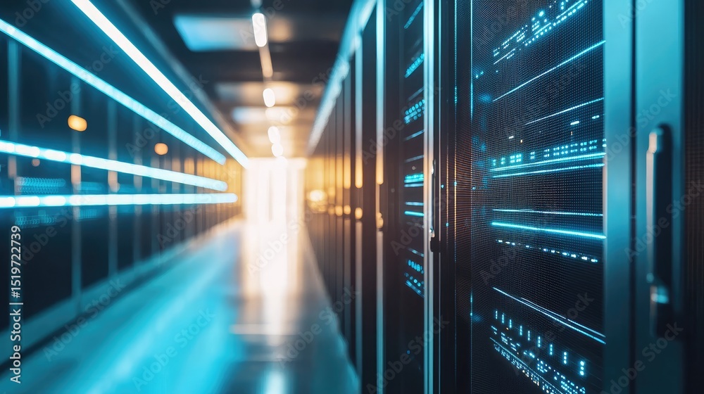 Poster close-up view of glowing server racks in a modern data center hallway with ambient blue lighting, ad