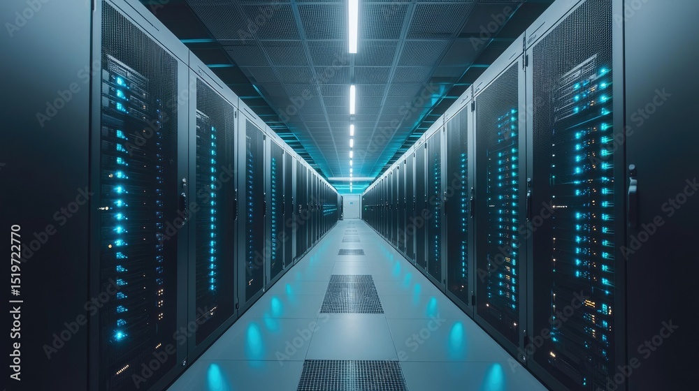 Fototapete modern data center with rows of powerful servers and glowing blue led lights in a secure high tech f