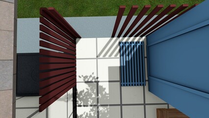 3d image of the landscape design of the home territory. Landscaping of the territory. Computer visualization of composite landscaping and landscaping solutions. White garden.