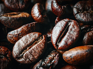 roasted coffee beans close-up, roasted coffee beans background and texture