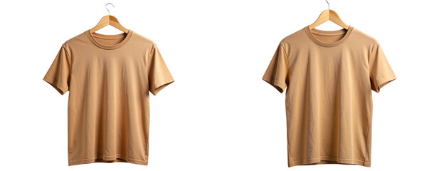 Tan T-Shirt Hanging on Wooden Hanger with Natural Shadows Transparent Background PNG