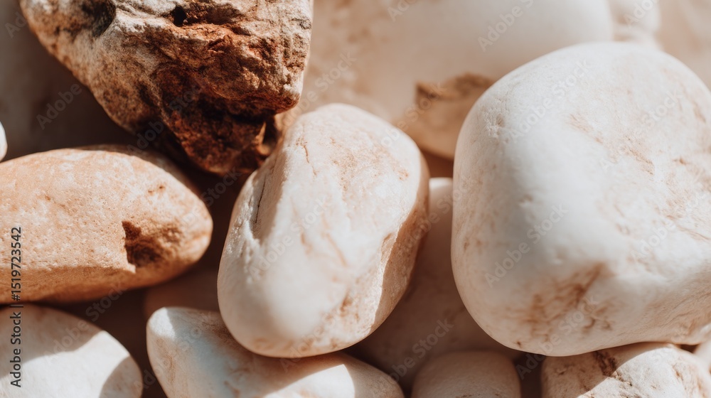Aufkleber Close-up view of smooth white pebbles showcasing natural textures and patterns under soft lighting in a serene setting