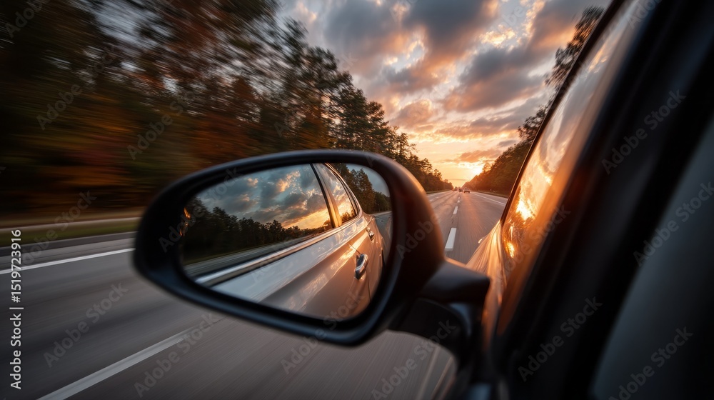 Poster Driving into a vibrant sunset with a side view of a car on an open highway surrounded by trees