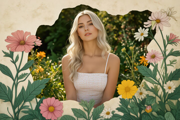 A young woman with long blonde hair and a white sundress gazes thoughtfully from within a stylized floral frame, creating a surreal and dreamy portrait.