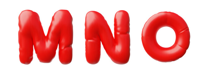 English alphabet uppercase letters M N O from red inflated balloon 3D vector icon, render typing symbols puffy font sign