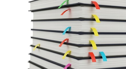 Stack of Notebooks with Colorful Page Markers Showing Organized Information