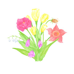 Hand drawn watercolor lily-of-the-valley lisianthus anemone bouquet. Flower of the field isolated on white background. Can be used for postcard, label, scrapbook and other printed products.