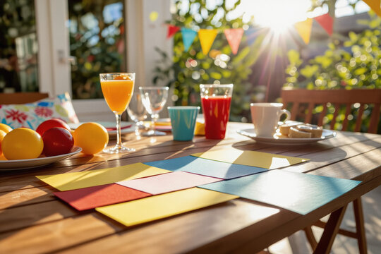 A vibrant breakfast scene unfolds on a wooden table, featuring colorful drinks, fruit, and decorative paper amidst a sun-drenched outdoor setting.