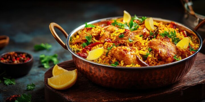 A stunning image of dum chicken biryani in copper pot. Indian rice dish with meat and vegetables. Garnish with herbs and lemon slices. Delicious, spicy, flavorful meal. Indian.