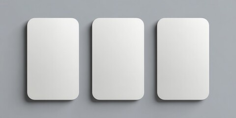 A stunning image of three blank trading cards mockup with rounded corners isolated on gray background. Cards arranged in a row, ready for design. Perfect for branding product.