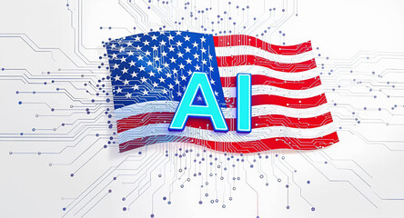 American flag billowing next to a circuit board AI logo, illustrating the blend of patriotism and innovation, Generative AI.
