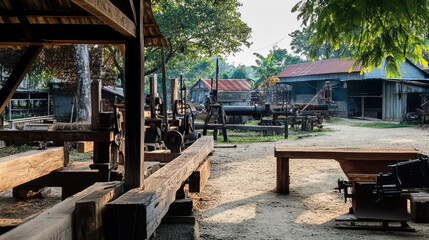 Obraz premium Vintage sawmill with old wooden beams and antique equipment