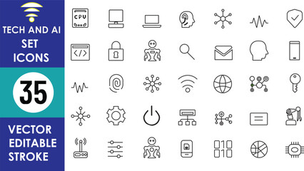 A vector icon set featuring 35 tech and AI symbols including CPU, fingerprint, network nodes, robot, email, power button, settings, face profile, and globe