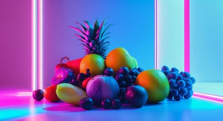 Vibrant Fruit Still Life in Neon Lights, a Modern and Colorful Composition.