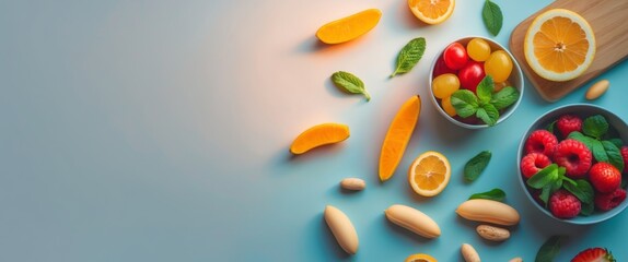 Vibrant Fruit Composition on Pastel Background, Fresh and Healthy Food Display,Top View