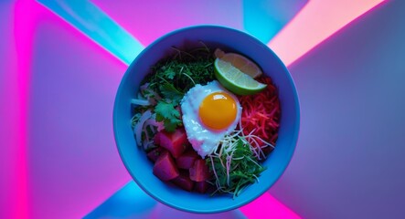 Vibrant Poke Bowl with Egg, Lime, and Colorful Vegetables on Neon Background.