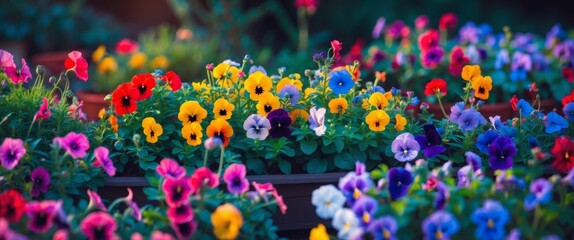 Vibrant Pansies Display. A Colorful Array of Flowers in Full Bloom, Spring Garden.