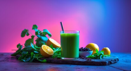 Vibrant Still Life of Green Smoothie with Citrus, Berries and Fresh Greens.