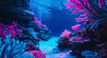 Vivid Underwater Realm. Coral Reef in Electric Blue and Neon Pink Hues, Tropical Sea.