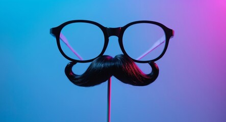 Whimsical Spectacle. A Playful Fusion of Eyeglasses and Mustache in Vibrant Lighting.