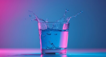 Water Splash in Glass. Vivid Neon Lit Still Life, Dynamic and Refreshing Image.