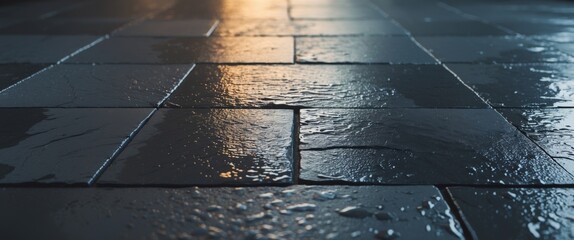 Wet Dark Stone Tiles With Reflections, a LowAngle View Showing Texture and Detail.