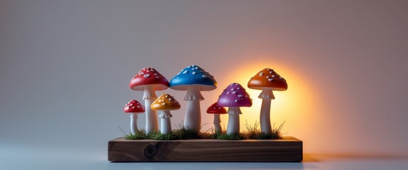 Whimsical Mushroom Display. Colorful Fungi on a Rustic Wooden Base, Illuminated.