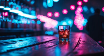 Whiskey on the Rocks in a NeonLit Bar. A Moment of Relaxation and Reflection.
