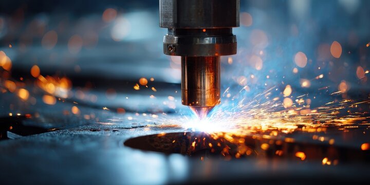A stunning image of industrial weld testing process using ultrasonic technology. Sparks fly during metal welding. Automated engineering metalwork. Modern welding process with.