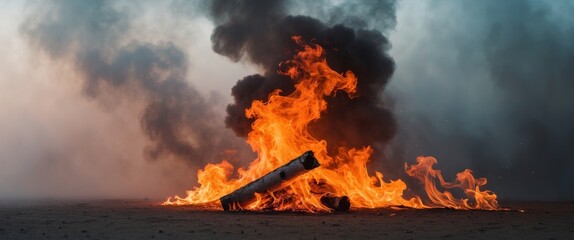 Wildfire Inferno. A Vivid Depiction of Flames, Smoke, and Burning Wood, a Powerful Image.