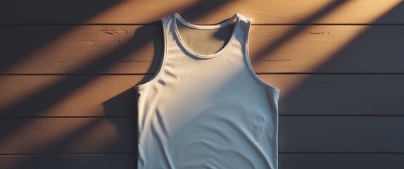 White Tank Top on Wood Surface with Shadows, Apparel Mockup for Print on Demand.