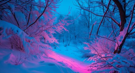 Winter Wonderland. Pink and Blue SnowCovered Trees in a Dreamy Landscape, Night Scene.