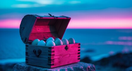 Wooden Chest Filled with White Eggs Overlooking Ocean at Sunset, Lit in Neon Colors.