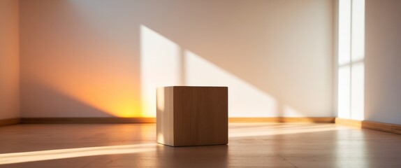 Wooden Cube in Sunlight. Minimalist Interior Scene with Warm Light and Soft Shadows.