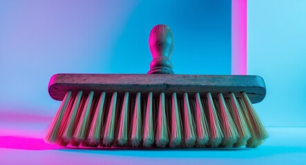 Wooden Scrub Brush Illuminated by Neon Lights, A CloseUp Study in Contrasting Hues.