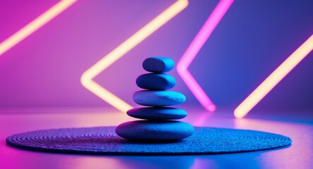 Zen Stones Balanced on a Mat with Neon Lights in the Background, Balance and Harmony