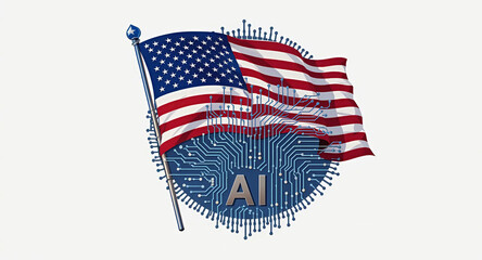 Circuit board AI logo with a waving USA flag, showcasing the fusion of national pride and cutting-edge technology, Generative AI.