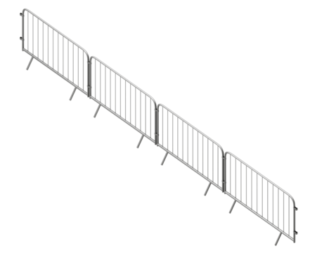 Isometric Crowd Barrier Array: A 3D render of four interlocking galvanized steel crowd control barriers, presented from an isometric perspective, showing their simple design and footings.