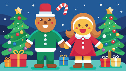 Fototapeta premium Festive Christmas Scene with Gingerbread Characters Trees Presents and Candy Cane