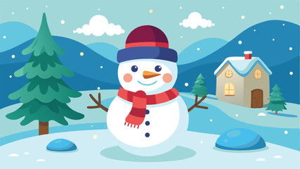 Cute Snowman in a Snowy Winter Scene Cartoon