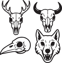 Create realistic black and white vector illustrations of animal skulls like deer, bull, crow, and wolf for gothic or anatomical themes.
