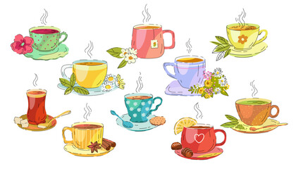 Set of cups with different tea. Black tea, green tea, chamomile tea, hibiscus, herbal, cinnamon and anise, Turkish and matcha. Hot drinks with steam. Vector illustration, isolated on white. Cute desig