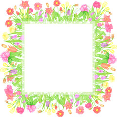 Hand drawn watercolor wildflowers and leaves frame border. Flower of the field isolated on white background. Can be used for postcard, label, scrapbook and other printed products.