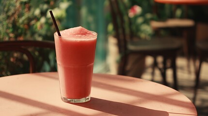 カフェのテラスで楽しむ、ひんやりピンクのスムージー