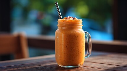 カフェのテーブルに置かれたフレッシュなオレンジスムージー