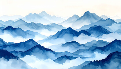 Fototapeta premium the scene presents a serene landscape of mountain ranges receding into the distance. soft clouds and mist fill the valleys between the mountains, creating a layered effect